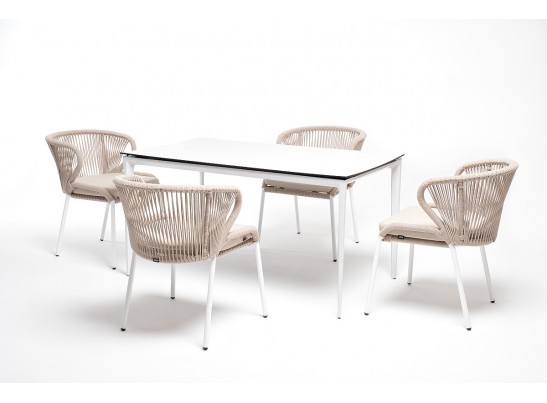 "Малага" обеденная группа на 4 персоны со стульями "Милан", каркас белый, роуп бежевый в Кургане