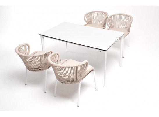 "Малага" обеденная группа на 4 персоны со стульями "Милан", каркас белый, роуп бежевый в Кургане