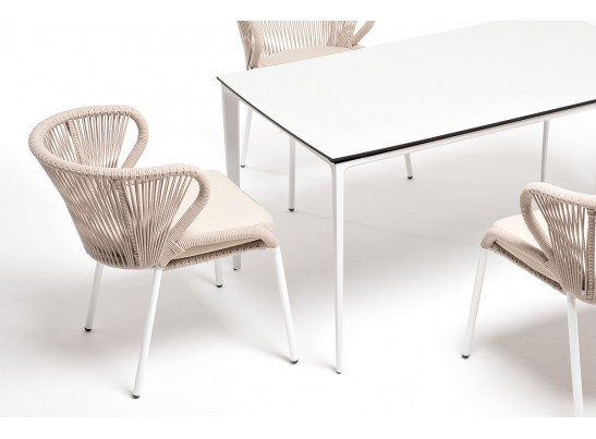 "Малага" обеденная группа на 4 персоны со стульями "Милан", каркас белый, роуп бежевый в Кургане