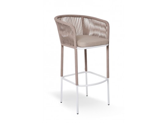 "Марсель" стул барный плетеный из роупа, каркас из стали белый муар, роуп бежевый круглый, ткань бежевая 052 в Кургане