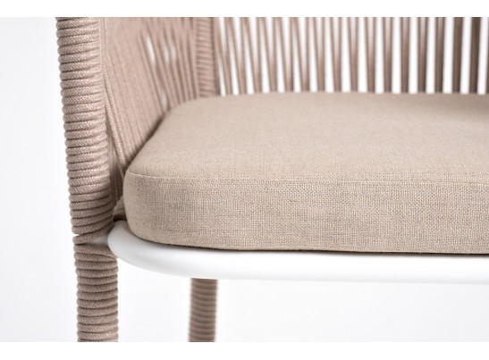 "Марсель" стул барный плетеный из роупа, каркас из стали белый муар, роуп бежевый круглый, ткань бежевая 052 в Кургане