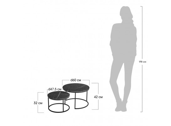 Набор кофейных столиков Tango серый мрамор с чёрными ножками, 2шт в Кургане