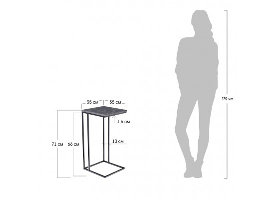 Придиванный столик Loft 35x35см, серый мрамор с чёрными ножками в Кургане