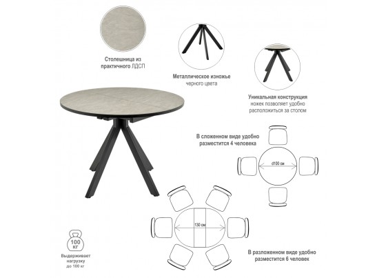 Стол Rudolf круглый раскладной 90-120x90x75см, Бетон слюда, чёрный в Кургане