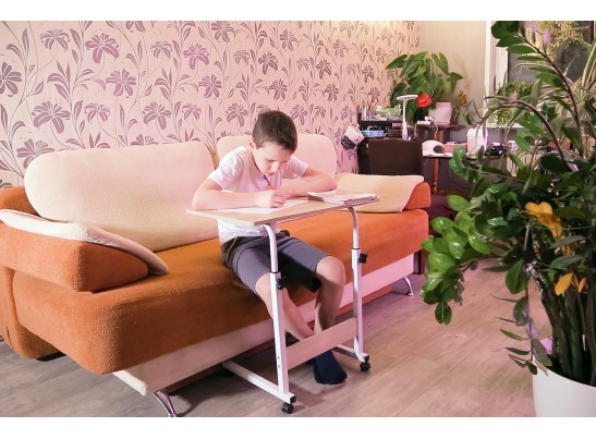 Стол многофункциональный на колесах, 60x40 см, «РОЛЛ», 2 ножки, регул.высота, мдф, металл, св. дерево, белый в Кургане