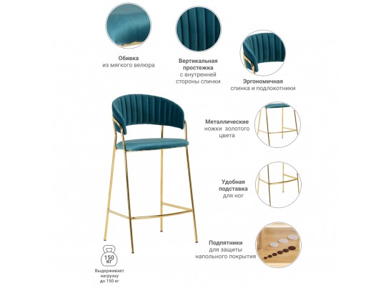 Комплект из 2-х стульев полубарных Turin бирюзовый с золотыми ножками в Кургане