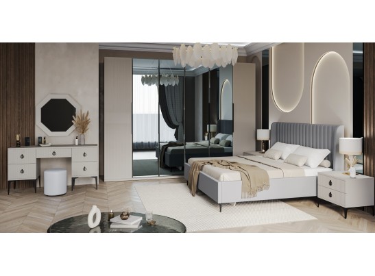 Шкаф Стелла 6-створчатый с зеркалом светло серый камень