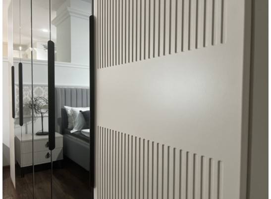 Шкаф Стелла 6-створчатый с зеркалом светло серый камень