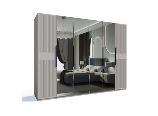 Шкаф Стелла 6-створчатый с зеркалом светло серый камень