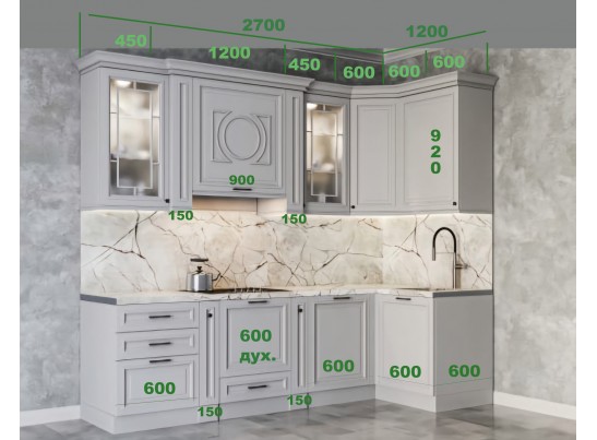 Кухня угловая Лондон 54 (2,7*1,2 м) серый шелк