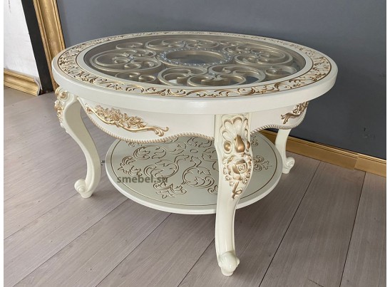 Стол журнальный круглый Жасмин (слоновая кость, патина золото)