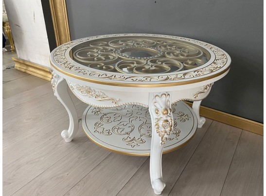 Стол журнальный круглый Жасмин (белый, патина золото)