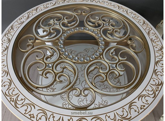 Стол журнальный круглый Жасмин (белый, патина золото)