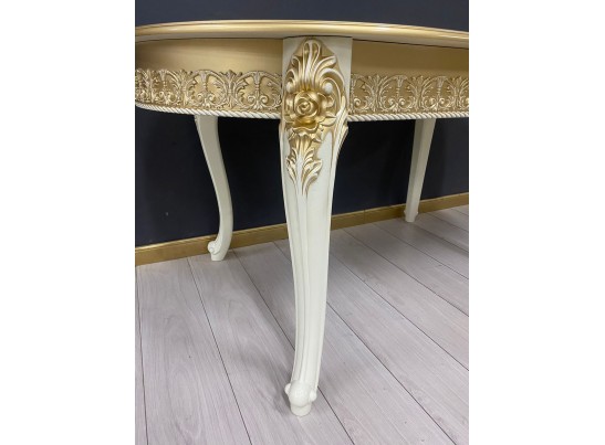 Стол овальный раскладной Розалия столешница под мрамор с молдингом (слоновая кость, патина золото)