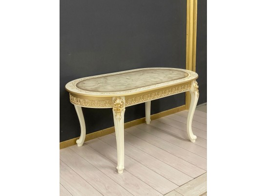 Стол овальный раскладной Розалия столешница под мрамор с молдингом (слоновая кость, патина золото)