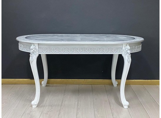 Стол овальный раскладной Розалия столешница под мрамор с молдингом (белый, патина серебро)