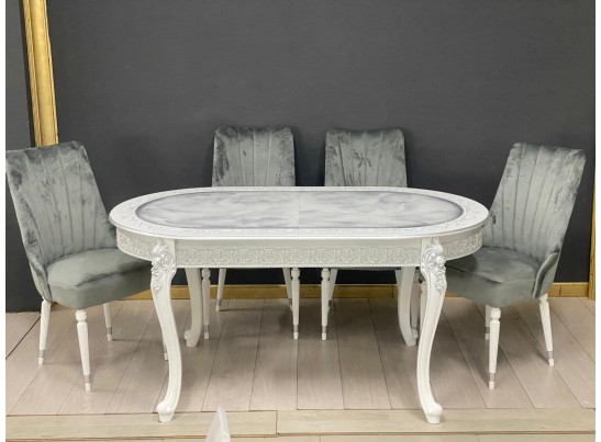 Стол овальный раскладной Розалия столешница под мрамор с молдингом (белый, патина серебро)