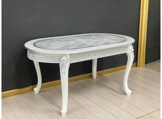 Стол овальный раскладной Розалия столешница под мрамор с молдингом (белый, патина серебро)