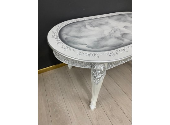 Стол овальный раскладной Розалия столешница под мрамор с молдингом (белый, патина серебро)