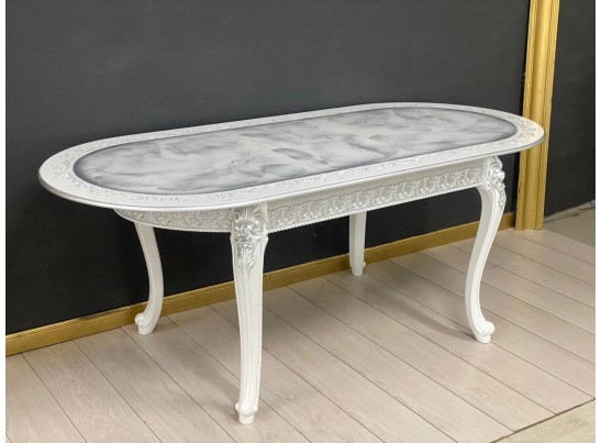Стол овальный раскладной Розалия столешница под мрамор с молдингом (белый, патина серебро)