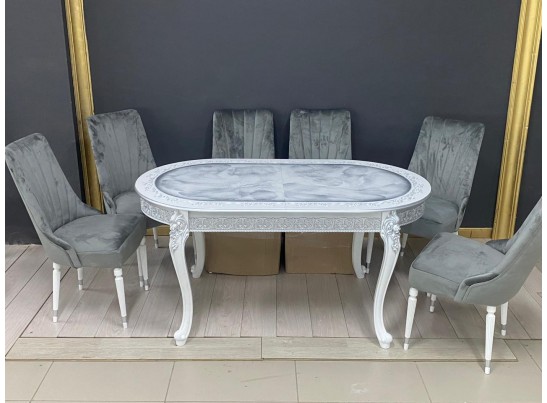 Стол овальный раскладной Розалия столешница под мрамор с молдингом (белый, патина серебро)